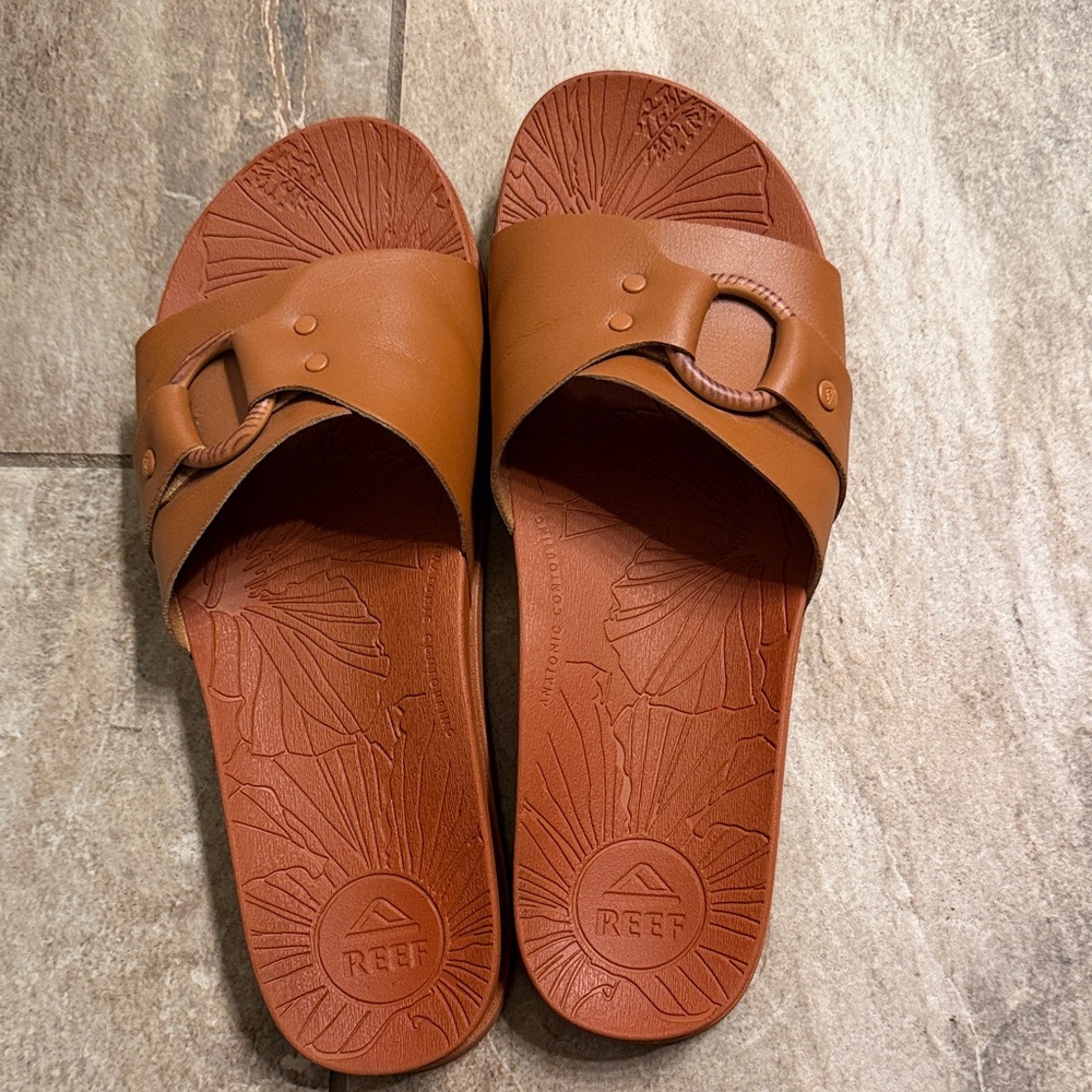 Reef Tan Slide Sandals with Embossed Design